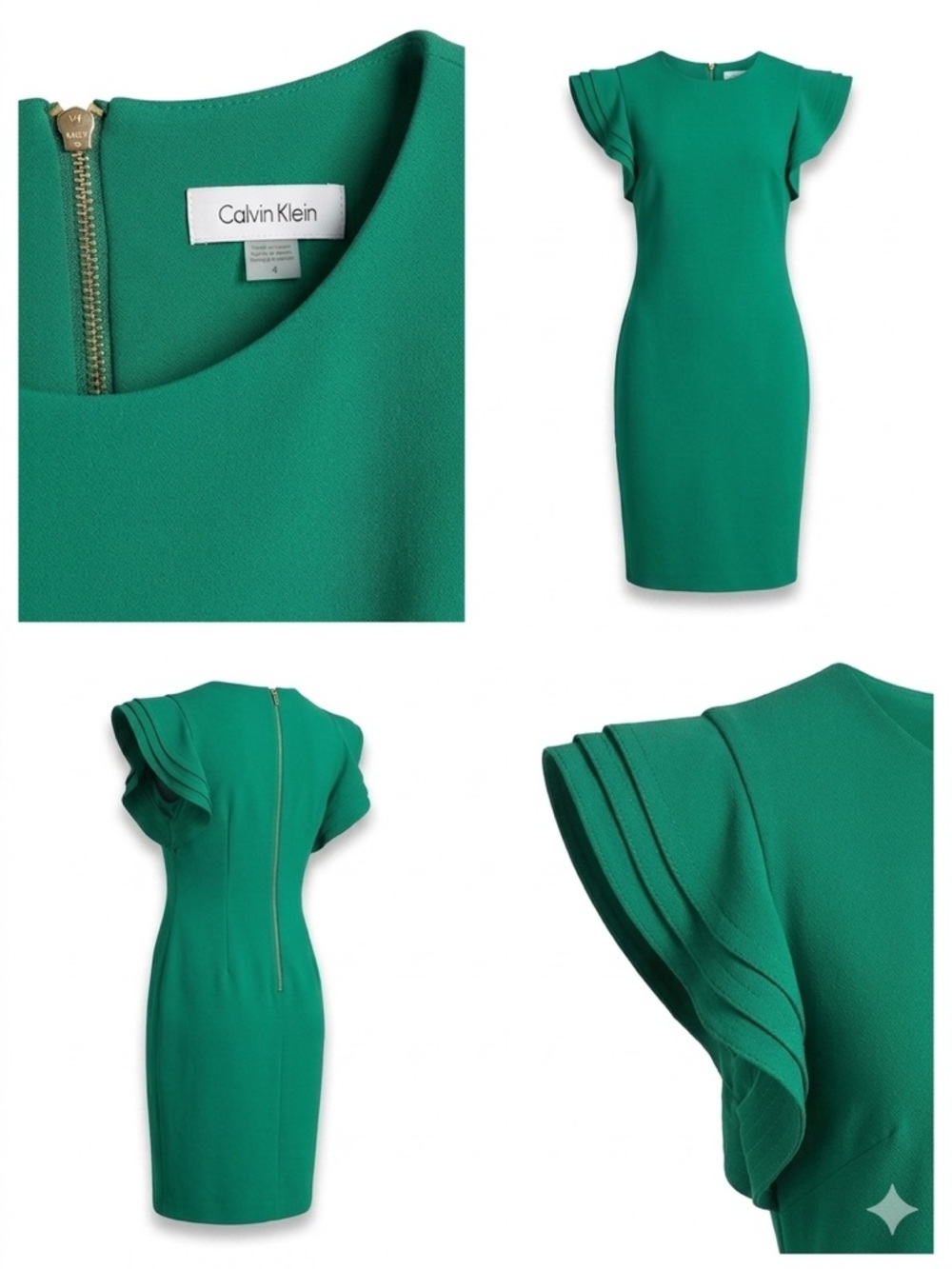 Calvin Klein Emerald Green Ruffle-Sleeve Sheath Dress Size 4